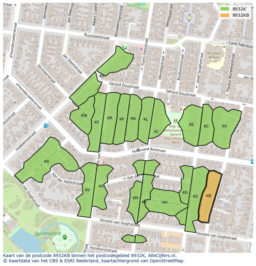 Afbeelding van het postcodegebied 8932 KB op de kaart.