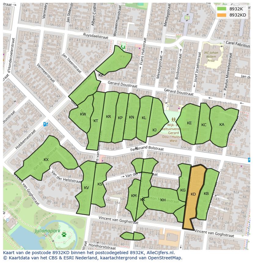 Afbeelding van het postcodegebied 8932 KD op de kaart.