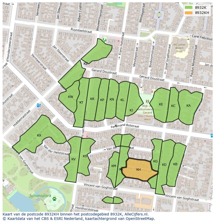 Afbeelding van het postcodegebied 8932 KH op de kaart.