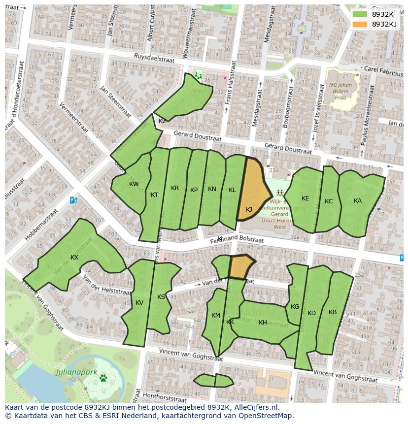 Afbeelding van het postcodegebied 8932 KJ op de kaart.