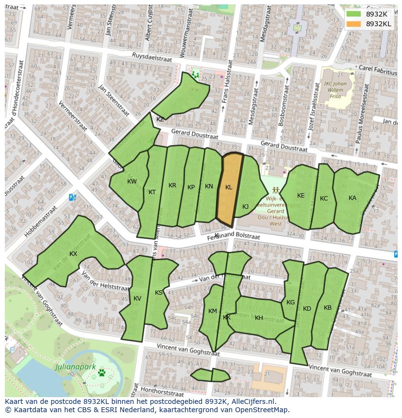 Afbeelding van het postcodegebied 8932 KL op de kaart.