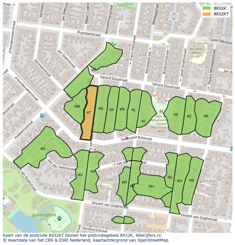 Afbeelding van het postcodegebied 8932 KT op de kaart.