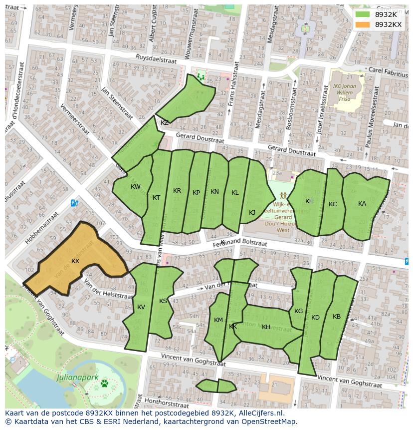 Afbeelding van het postcodegebied 8932 KX op de kaart.