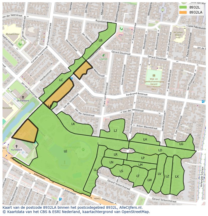 Afbeelding van het postcodegebied 8932 LA op de kaart.