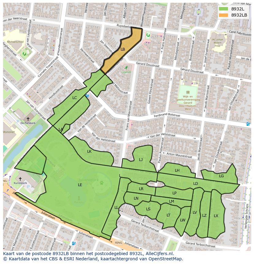 Afbeelding van het postcodegebied 8932 LB op de kaart.