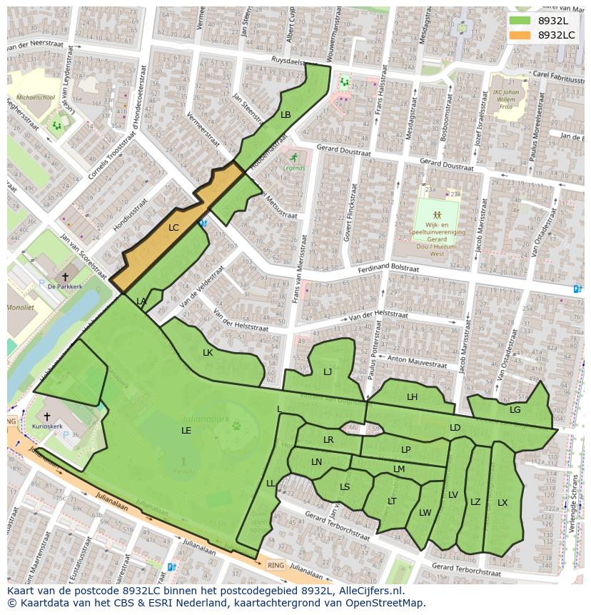 Afbeelding van het postcodegebied 8932 LC op de kaart.