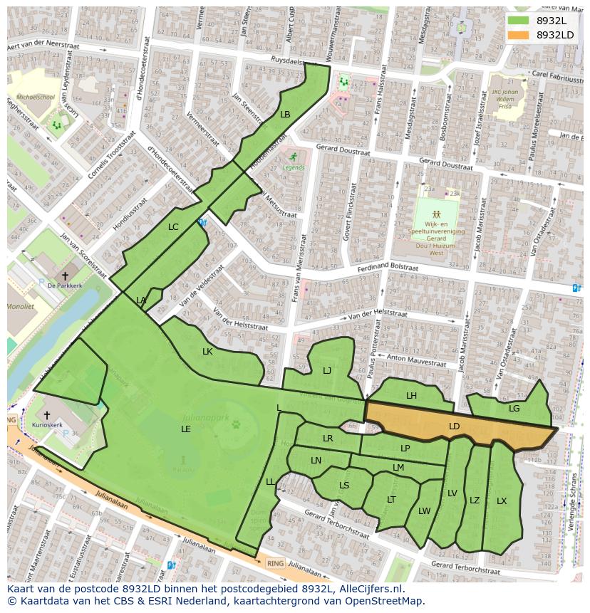 Afbeelding van het postcodegebied 8932 LD op de kaart.