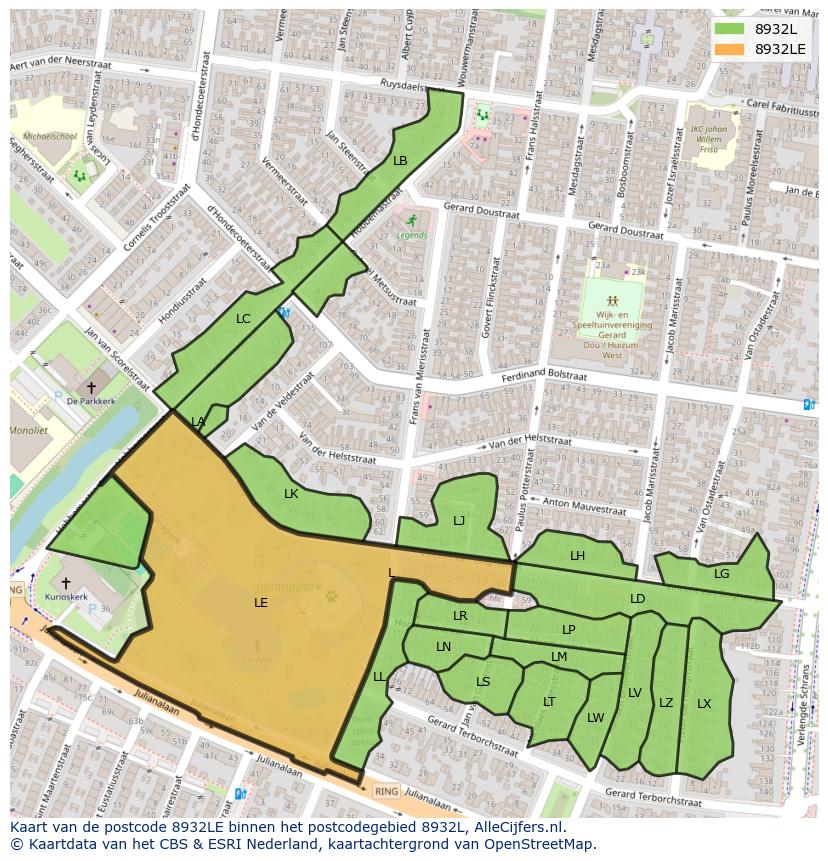 Afbeelding van het postcodegebied 8932 LE op de kaart.
