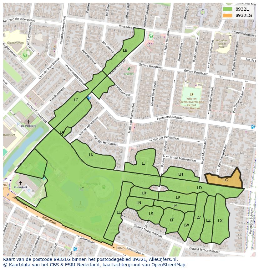 Afbeelding van het postcodegebied 8932 LG op de kaart.