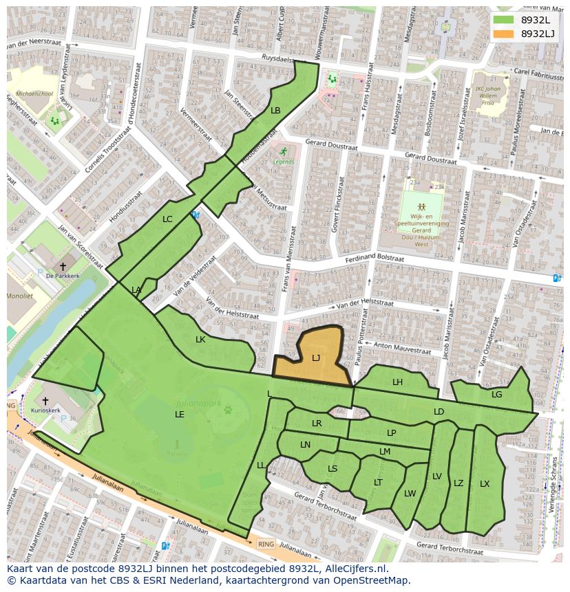 Afbeelding van het postcodegebied 8932 LJ op de kaart.