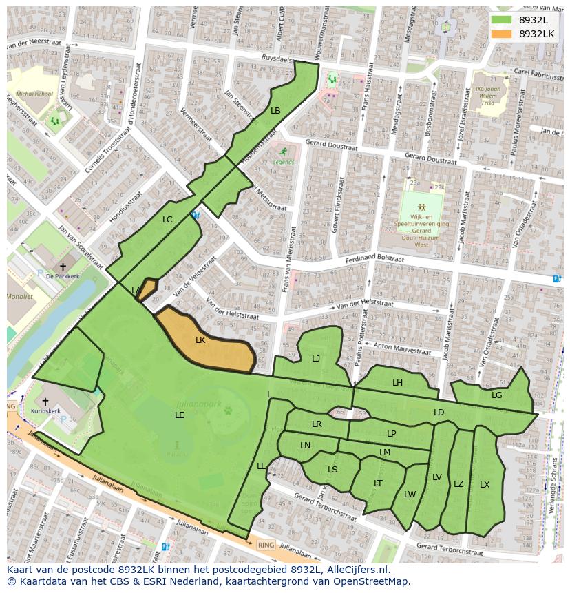 Afbeelding van het postcodegebied 8932 LK op de kaart.
