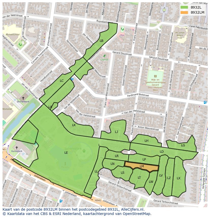 Afbeelding van het postcodegebied 8932 LM op de kaart.