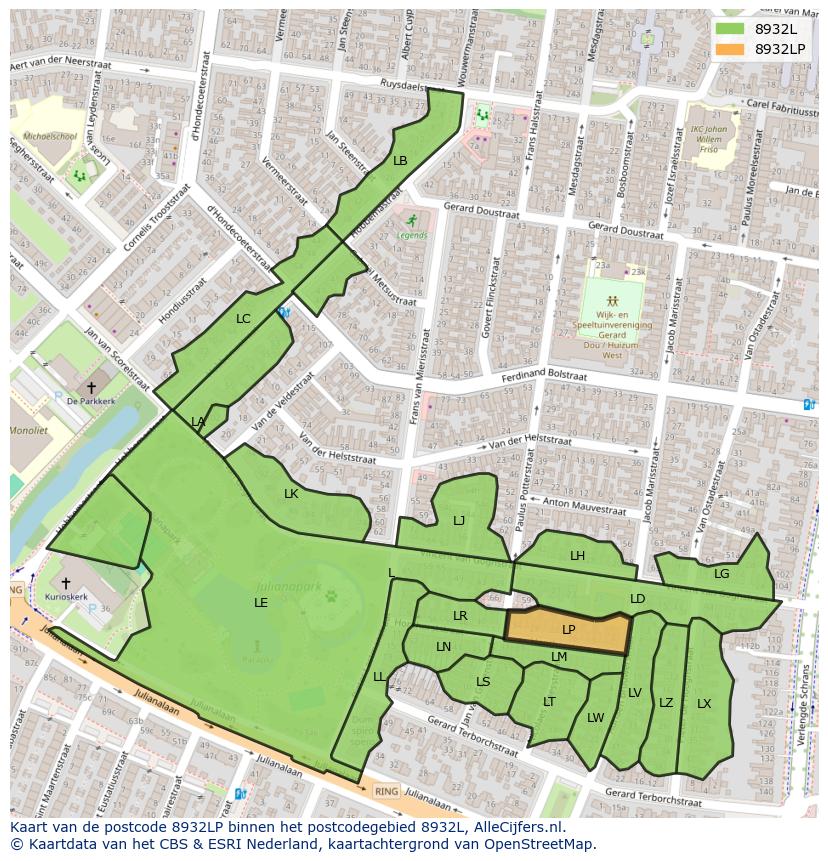 Afbeelding van het postcodegebied 8932 LP op de kaart.