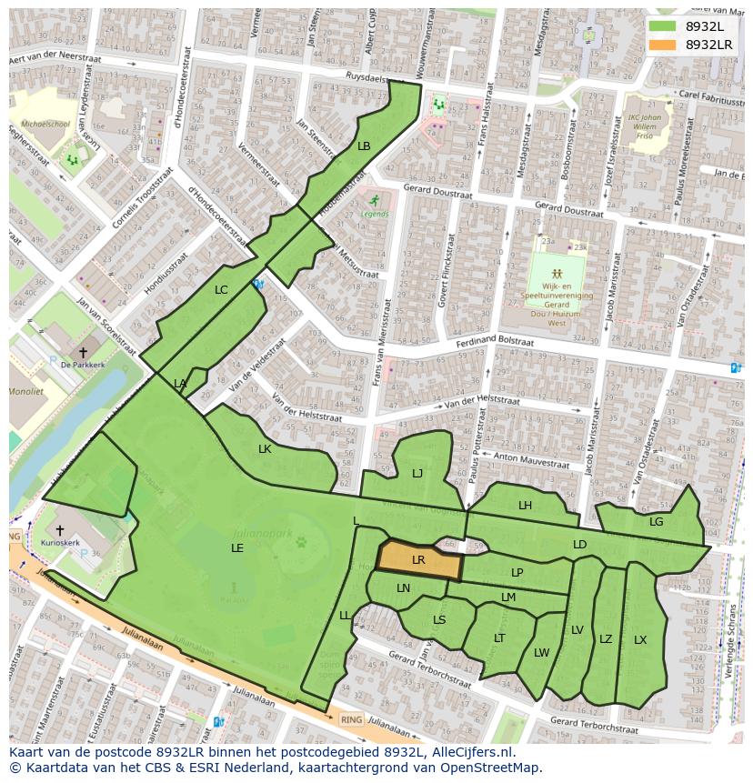 Afbeelding van het postcodegebied 8932 LR op de kaart.