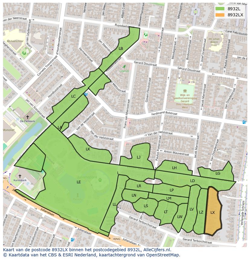 Afbeelding van het postcodegebied 8932 LX op de kaart.