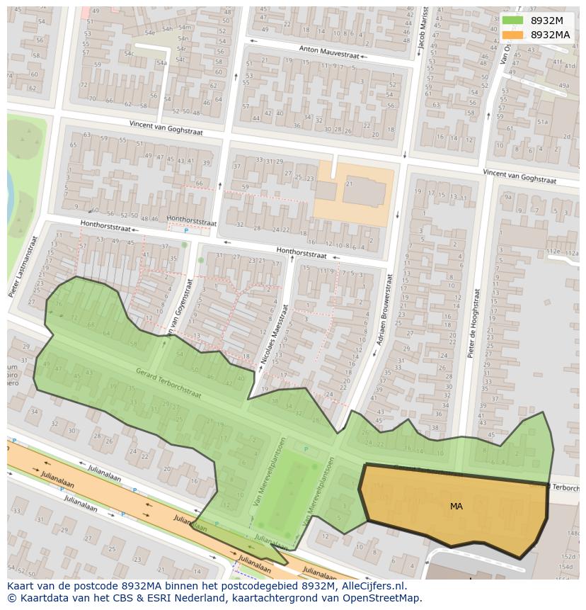 Afbeelding van het postcodegebied 8932 MA op de kaart.