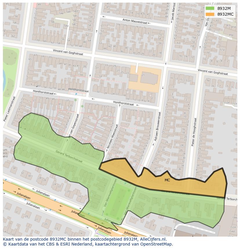 Afbeelding van het postcodegebied 8932 MC op de kaart.