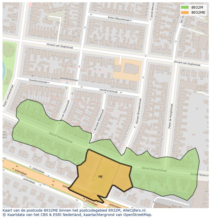 Afbeelding van het postcodegebied 8932 ME op de kaart.