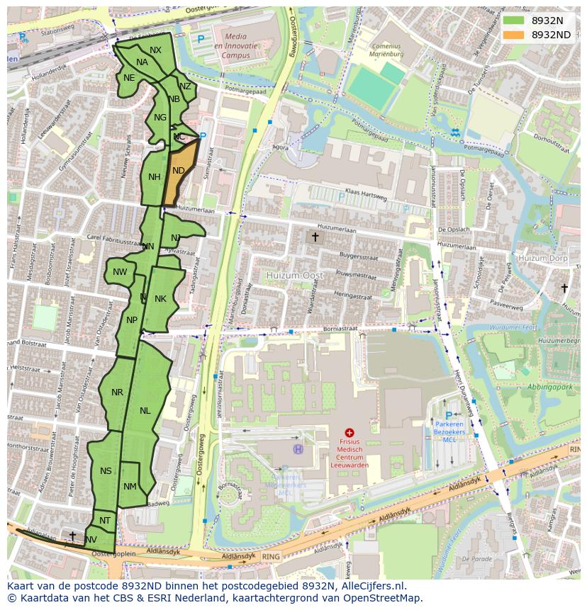 Afbeelding van het postcodegebied 8932 ND op de kaart.