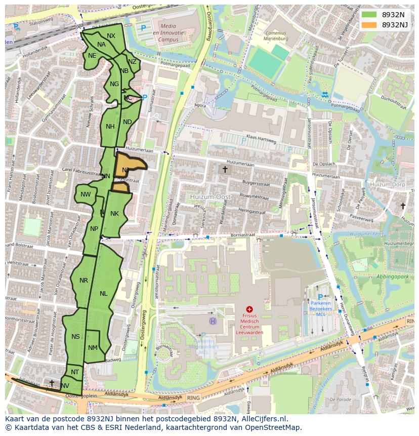 Afbeelding van het postcodegebied 8932 NJ op de kaart.