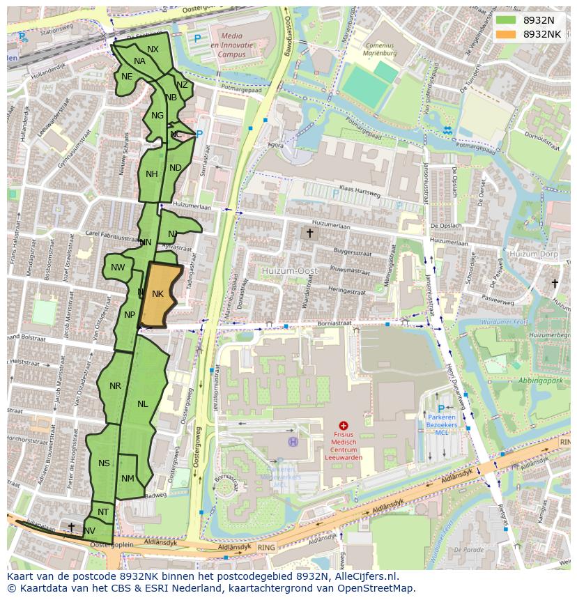 Afbeelding van het postcodegebied 8932 NK op de kaart.