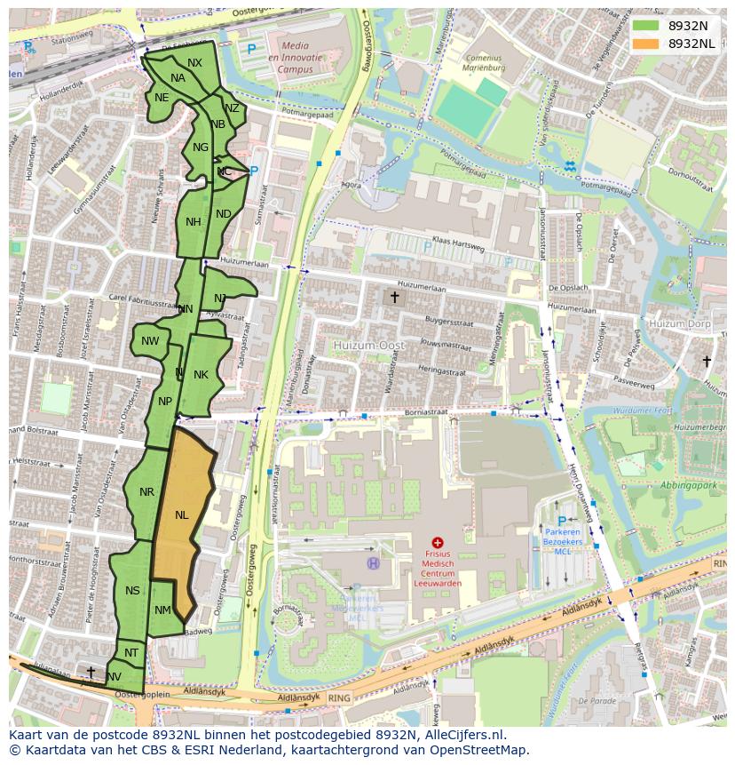 Afbeelding van het postcodegebied 8932 NL op de kaart.