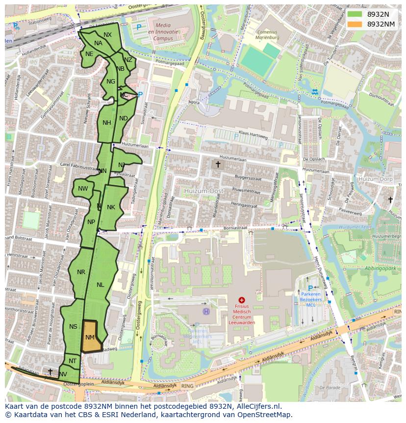 Afbeelding van het postcodegebied 8932 NM op de kaart.