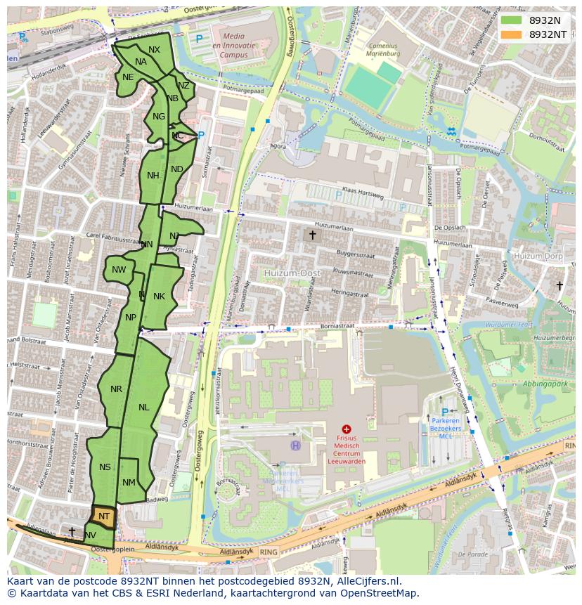 Afbeelding van het postcodegebied 8932 NT op de kaart.