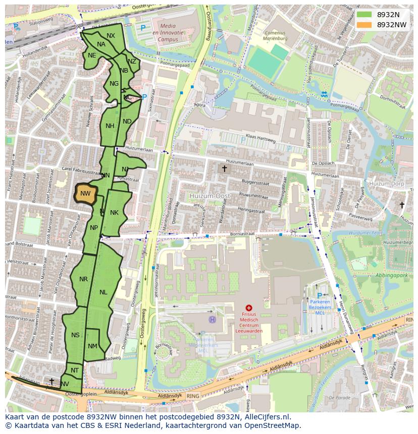 Afbeelding van het postcodegebied 8932 NW op de kaart.