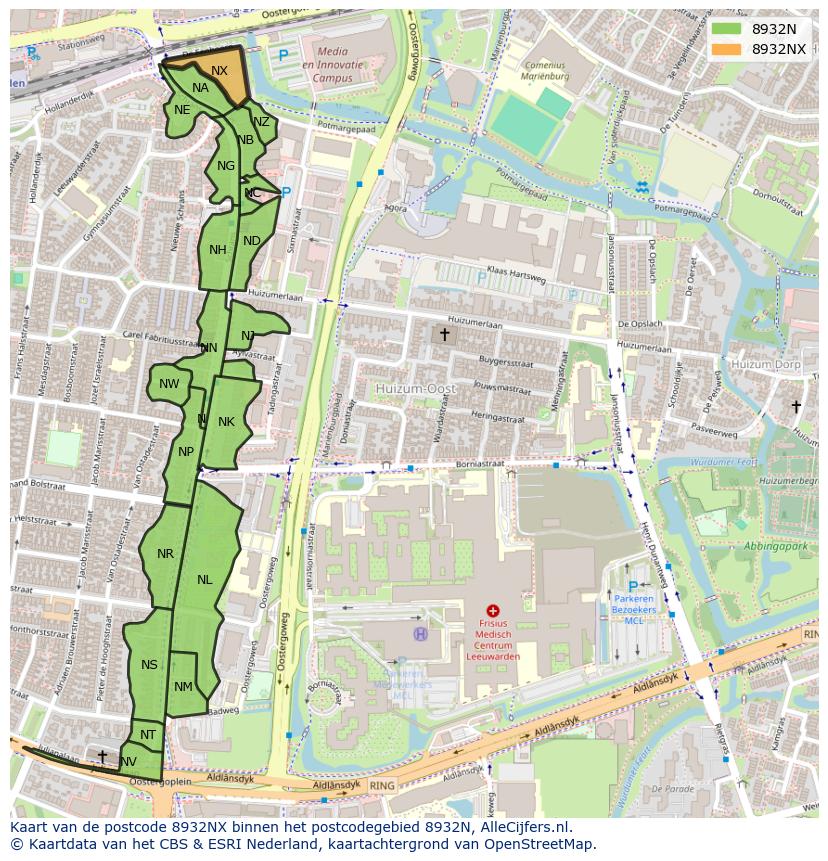 Afbeelding van het postcodegebied 8932 NX op de kaart.
