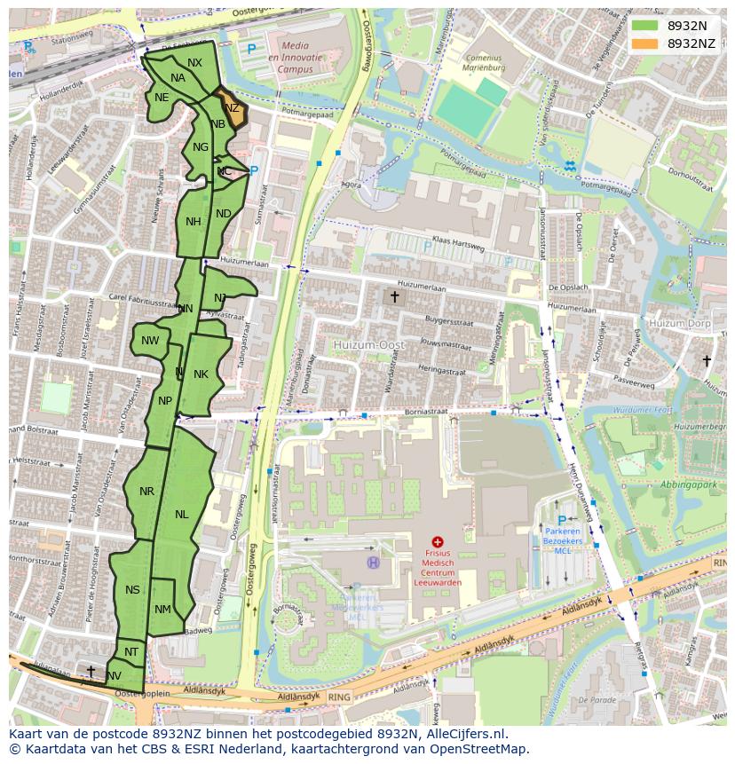 Afbeelding van het postcodegebied 8932 NZ op de kaart.