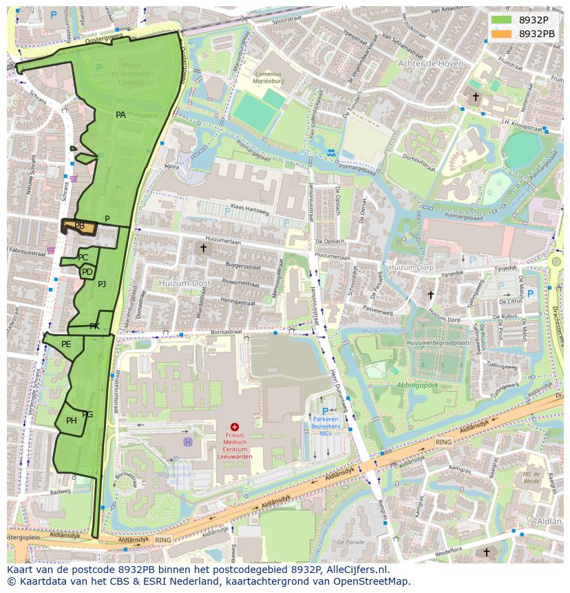 Afbeelding van het postcodegebied 8932 PB op de kaart.