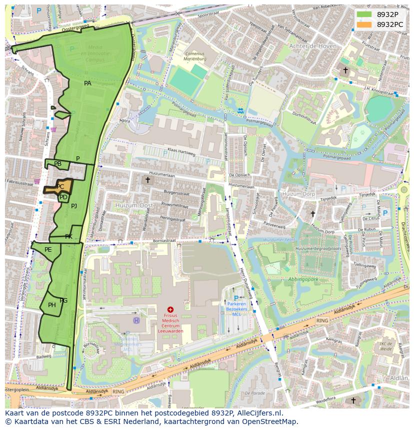 Afbeelding van het postcodegebied 8932 PC op de kaart.