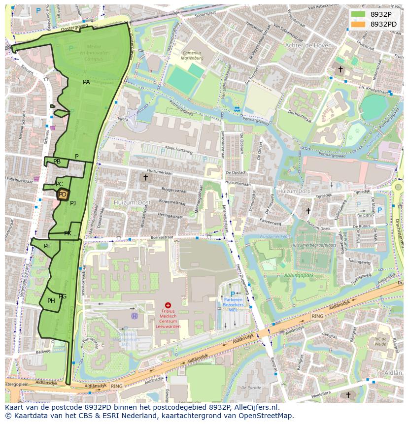 Afbeelding van het postcodegebied 8932 PD op de kaart.