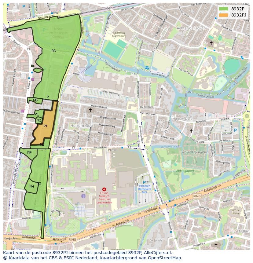 Afbeelding van het postcodegebied 8932 PJ op de kaart.