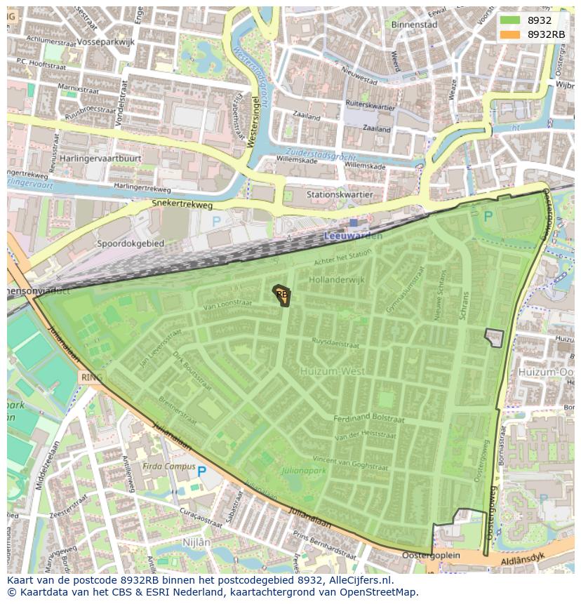 Afbeelding van het postcodegebied 8932 RB op de kaart.