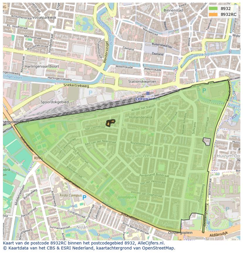 Afbeelding van het postcodegebied 8932 RC op de kaart.