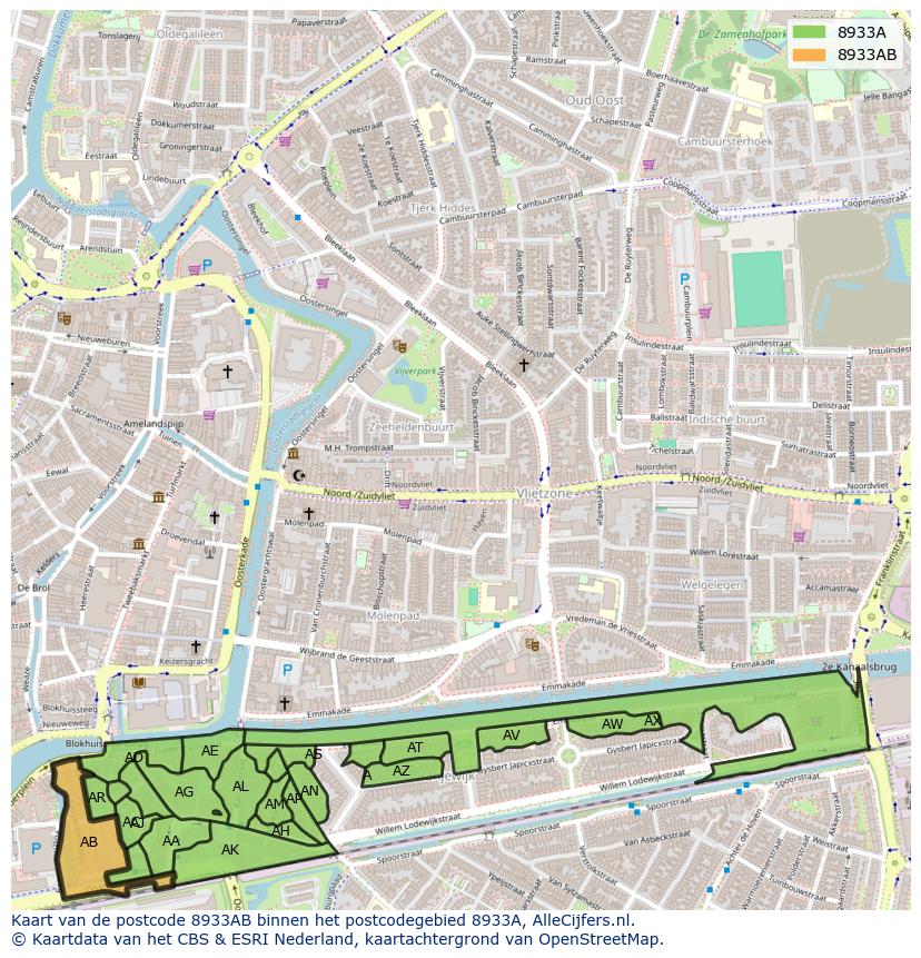 Afbeelding van het postcodegebied 8933 AB op de kaart.