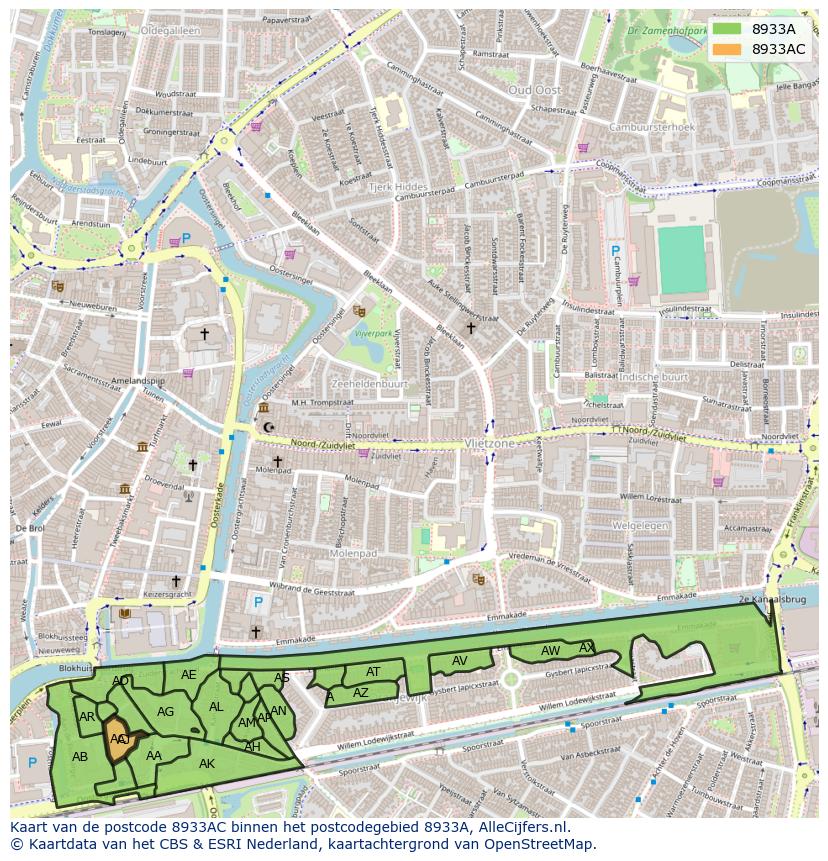 Afbeelding van het postcodegebied 8933 AC op de kaart.