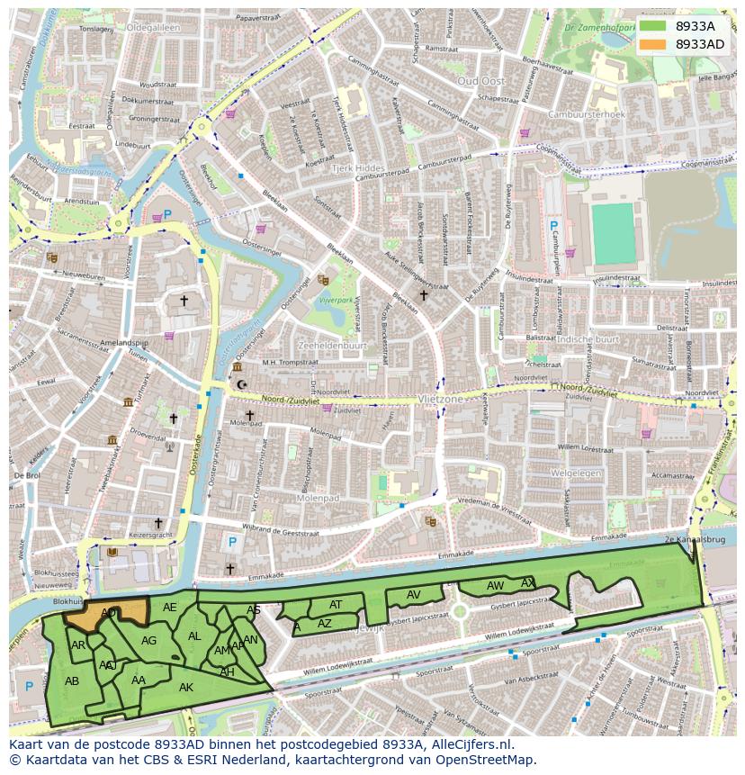 Afbeelding van het postcodegebied 8933 AD op de kaart.