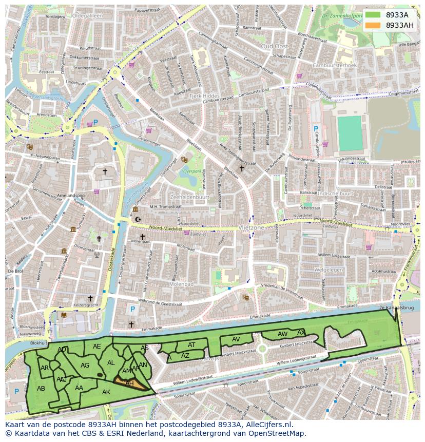 Afbeelding van het postcodegebied 8933 AH op de kaart.