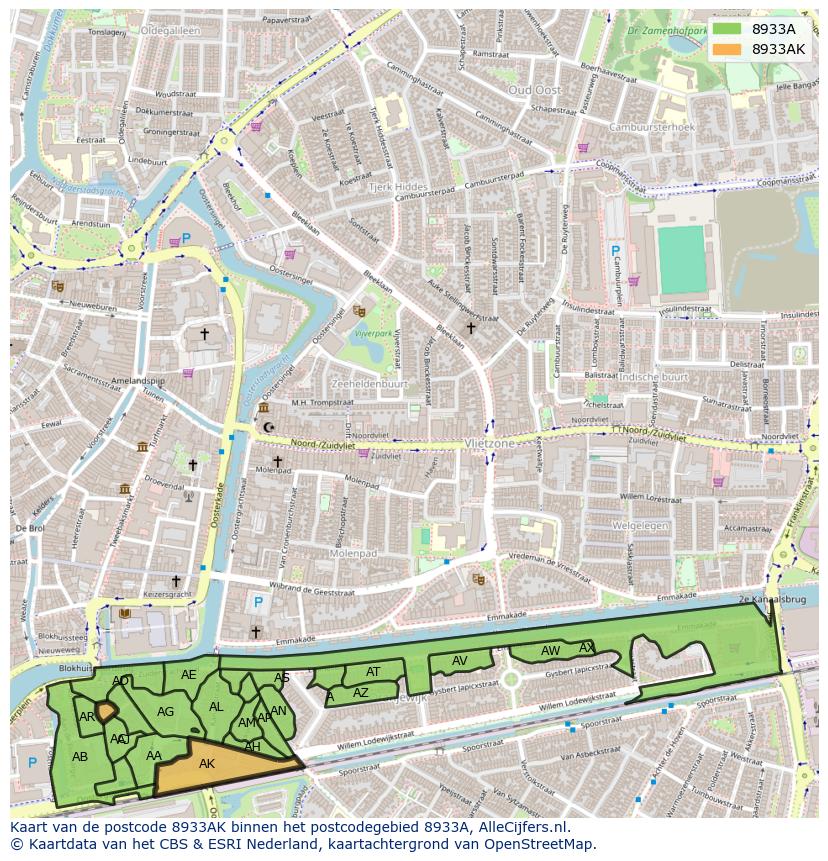 Afbeelding van het postcodegebied 8933 AK op de kaart.