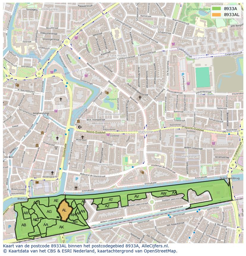 Afbeelding van het postcodegebied 8933 AL op de kaart.