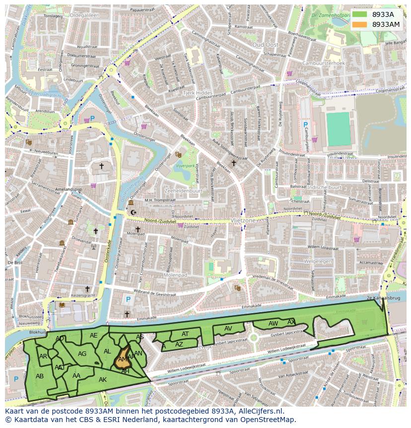 Afbeelding van het postcodegebied 8933 AM op de kaart.