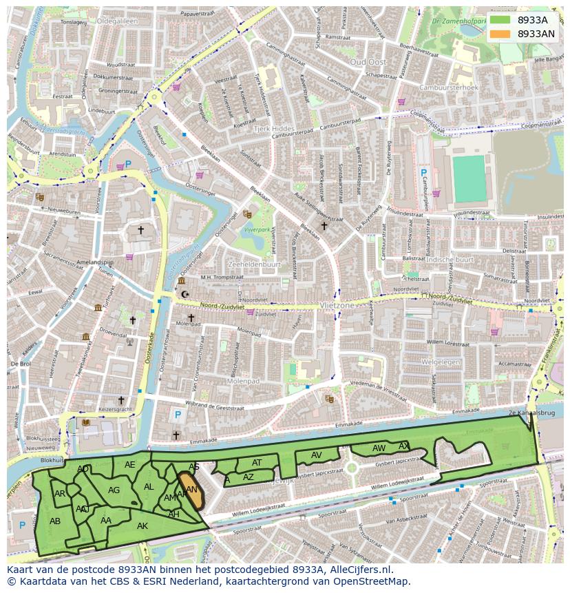 Afbeelding van het postcodegebied 8933 AN op de kaart.
