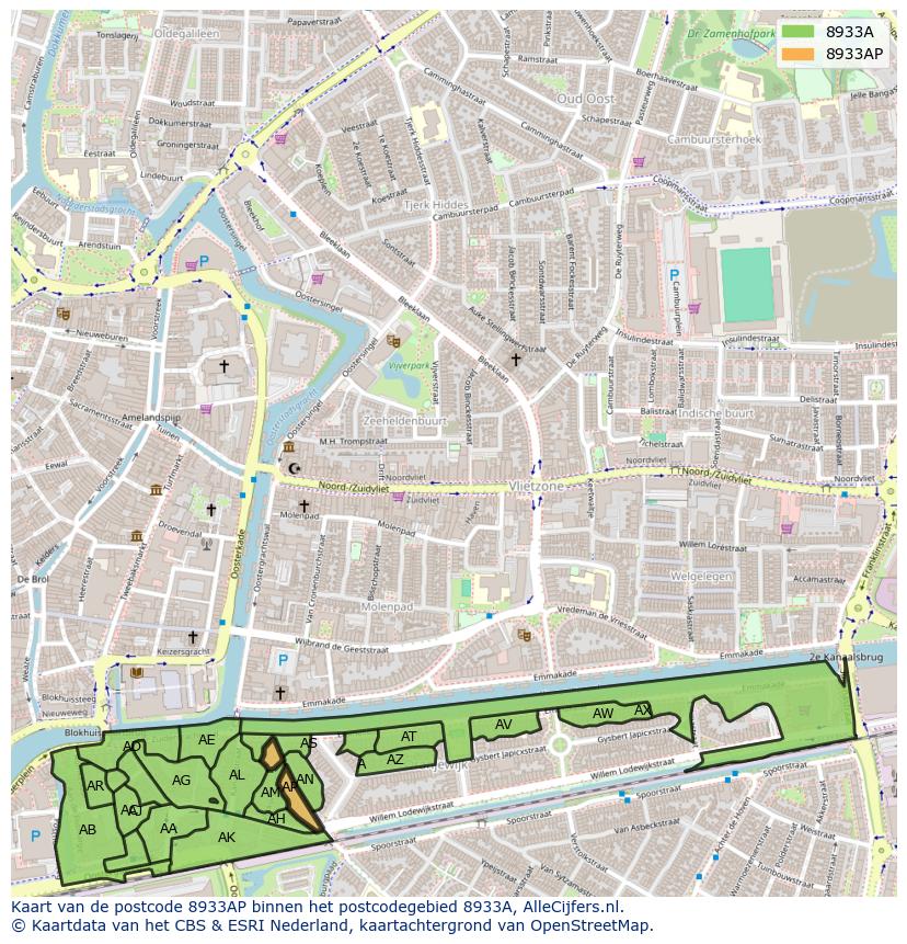 Afbeelding van het postcodegebied 8933 AP op de kaart.