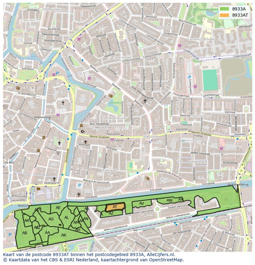 Afbeelding van het postcodegebied 8933 AT op de kaart.