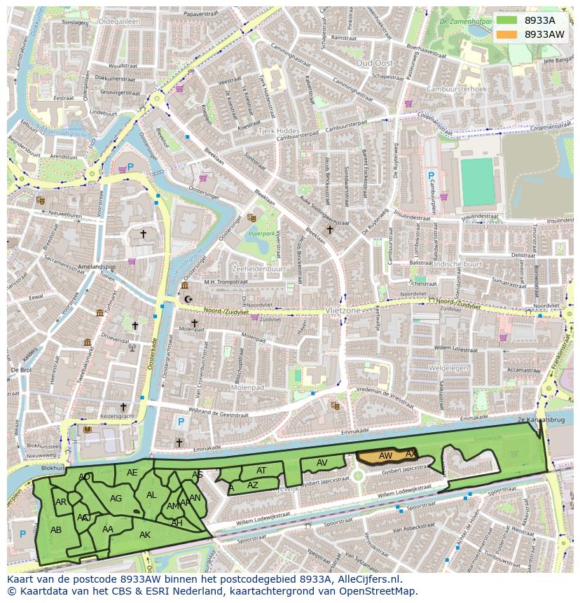 Afbeelding van het postcodegebied 8933 AW op de kaart.
