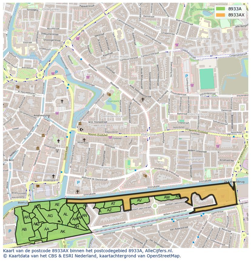 Afbeelding van het postcodegebied 8933 AX op de kaart.