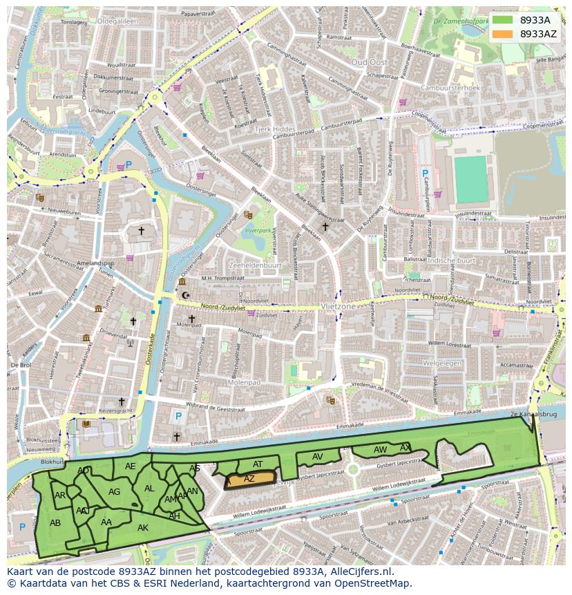 Afbeelding van het postcodegebied 8933 AZ op de kaart.